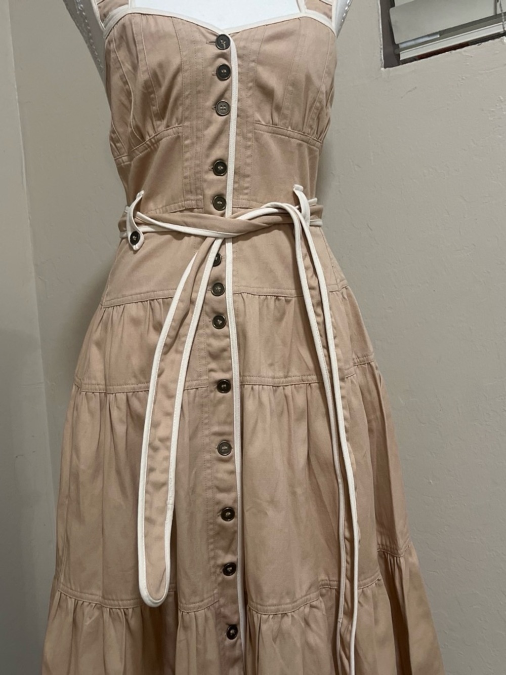 Moon River Beige Tiered Button-Front Midi Dress with Rope Belt - Picture 2 of 5